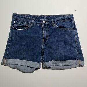 Levis Denim Shorts Womens Size 32 Dark Blue Wash Cuffed Roll Up Mid Rise Jean